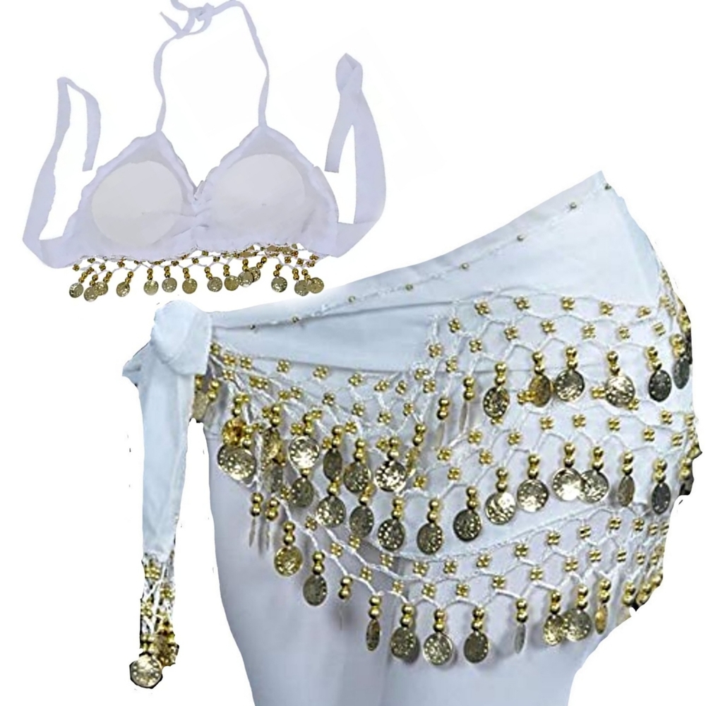White belly dancing two piece with gold coins